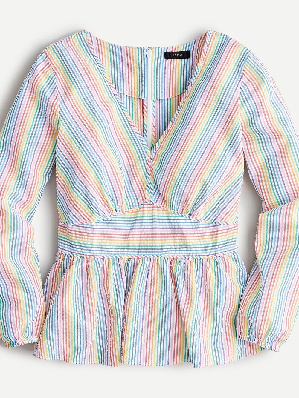 J.Crew Rainbow Seersucker Long Sleeve Peplum Blouse NWT Size 4